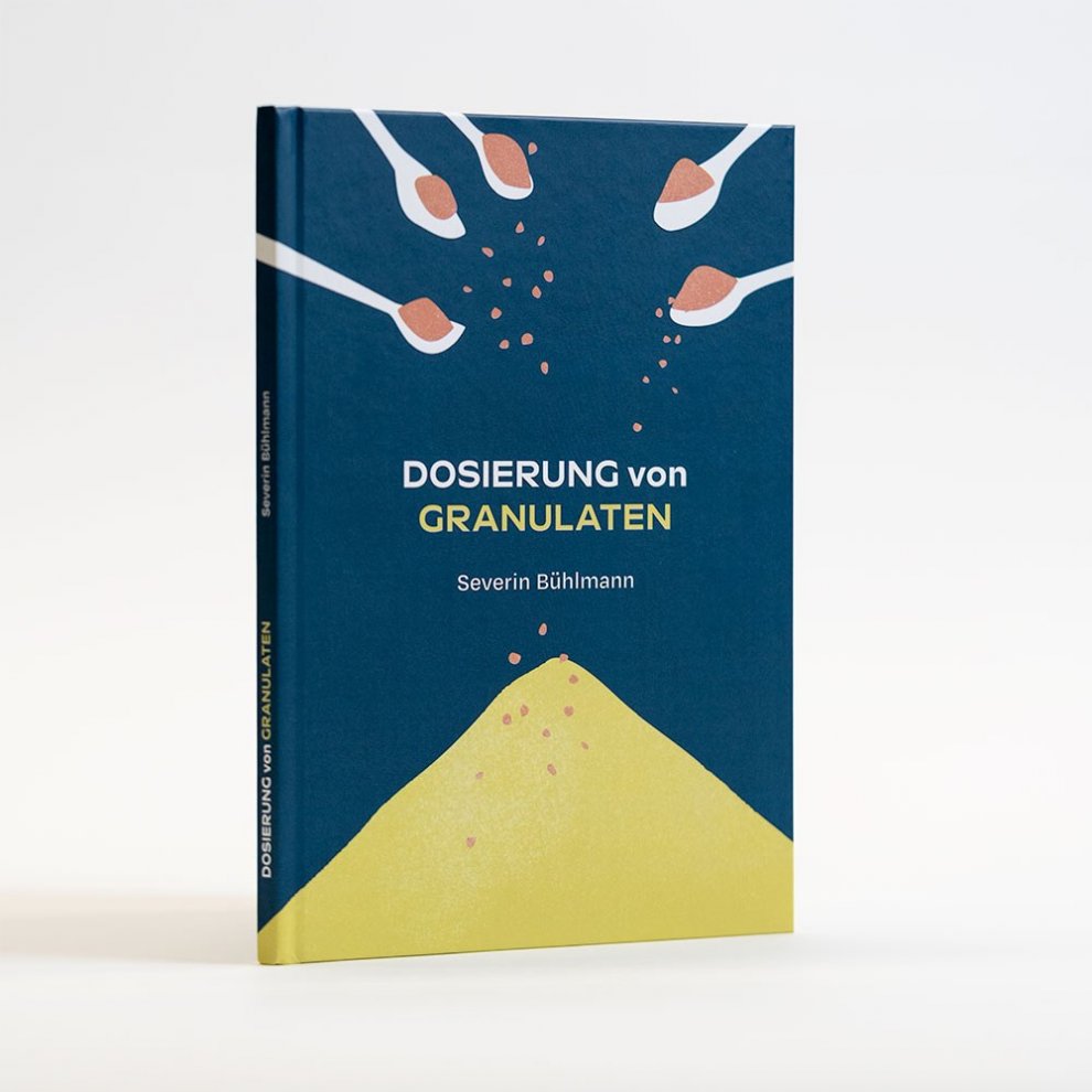 Buchcover von Dosierung von Granulaten von Severin Bühlmann. Dunkelblauer Hintergrund mit illustrierten Löffeln und Granulaten.