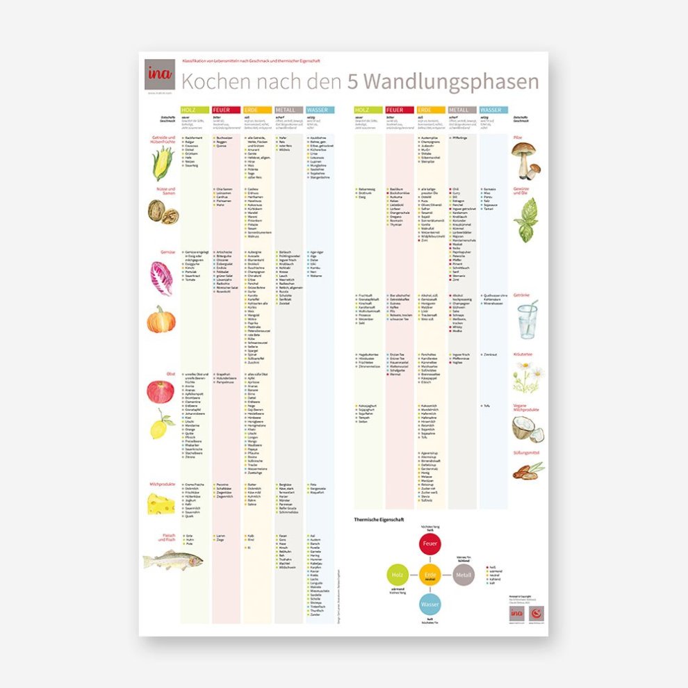 Nahrungsmittel-Poster "Kochen nach den 5 Wandlungen" im DIN A2-Format mit farblich gestalteter Übersicht zu Lebensmitteln gemäß der Fünf-Elemente-Lehre.
